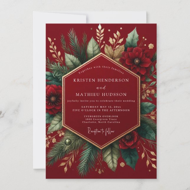 Convite Casamento Botânico de Inverno Borgonha (Frente)