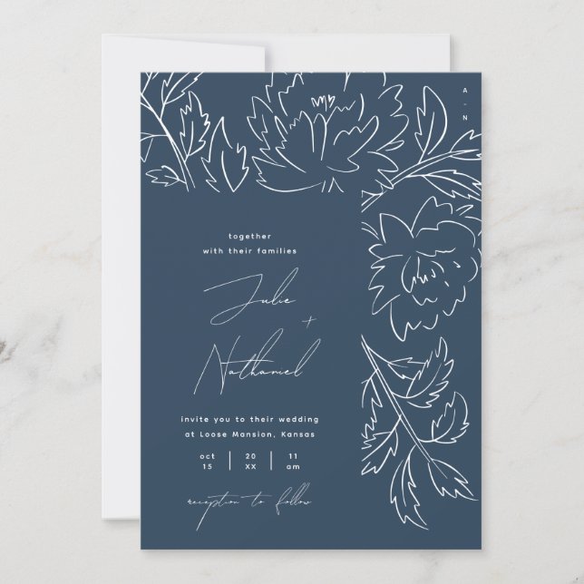 Convite Casamento Botânico de Inverno em Azul Marinho (Frente)