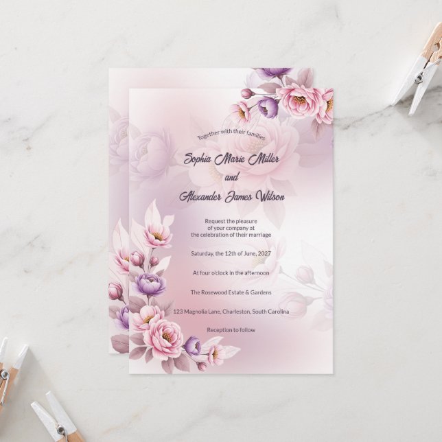 Convite Casamento Botânico de Íris Roxo Pálido e Peônia Br (Frente/Verso In Situ)