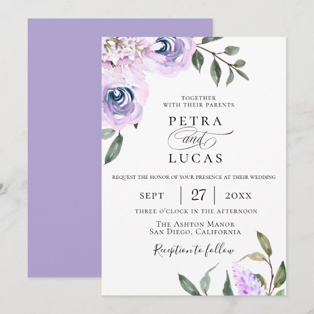 Convite Casamento Botânico de Lavanda Elegante (Frente/Verso)