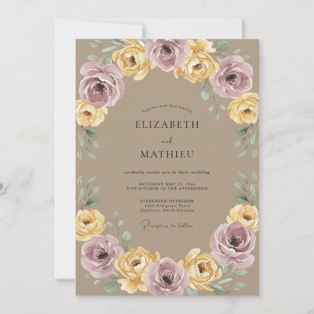 Convite Casamento Botânico de Louro Amarelo Malva (Frente)