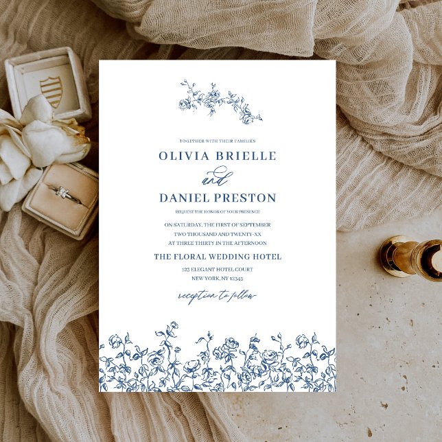 Convite Casamento Botânico de Marinho Floral Azul (Criador carregado)