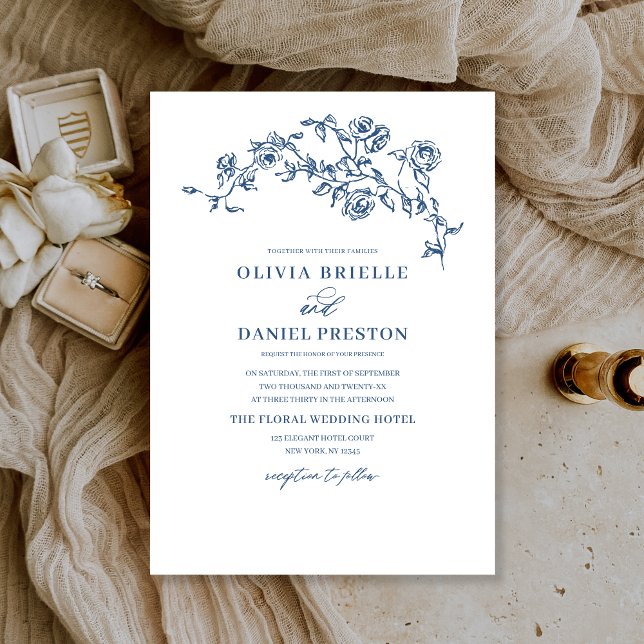 Convite Casamento Botânico de Marinho Floral Azul (Criador carregado)