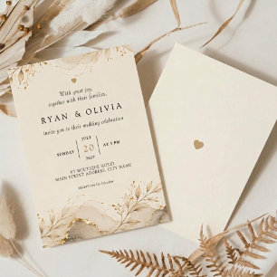 Convite Casamento Botânico de Mármore de Marfim Elegante D