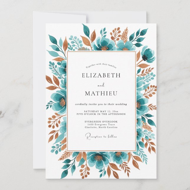 Convite Casamento Botânico de Outono Floral Turquesa (Frente)