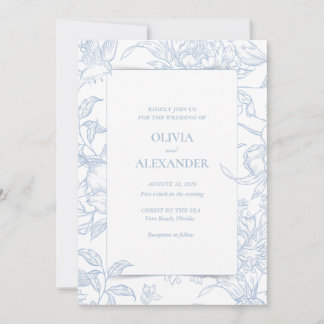 Convite Casamento Botânico de Pássaros Florais Azul Francê