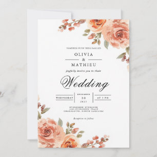 Convite Casamento Botânico de Peachy Coral Bloom