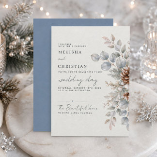 Convite Casamento Botânico de Pinha de Inverno Azul Empoei