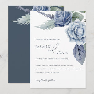 Convite Casamento Botânico de Rosa Azul Elegante