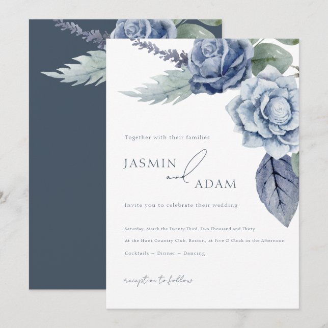 Convite Casamento Botânico de Rosa Azul Elegante (Frente/Verso)
