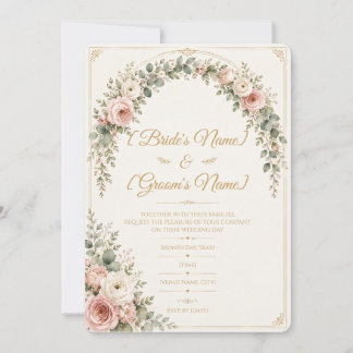 Convite Casamento Botânico de Rosa Beije Elegante