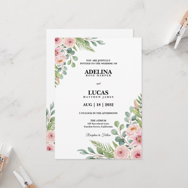 Convite Casamento Botânico de Rosa Romântica e Lírio (Frente/Verso In Situ)