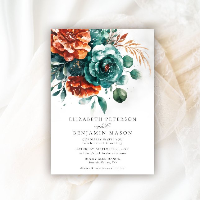 Convite Casamento Botânico de Rosas de Teal Laranja Queima (fall wedding invitation teal burnt orange terracotta watercolor bohemian floral rustic barn garden)