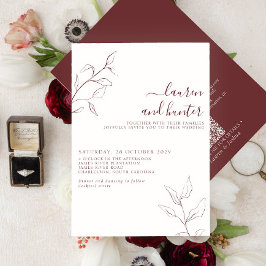 Convite Casamento Botânico de Script Burgundy de Código QR
