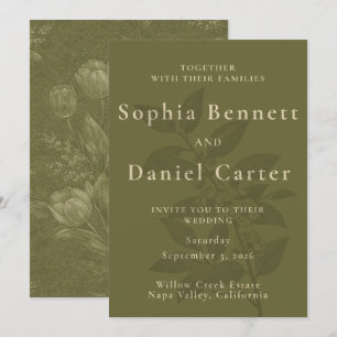 Convite Casamento Botânico de Tulipa Verde Oliva Elegante