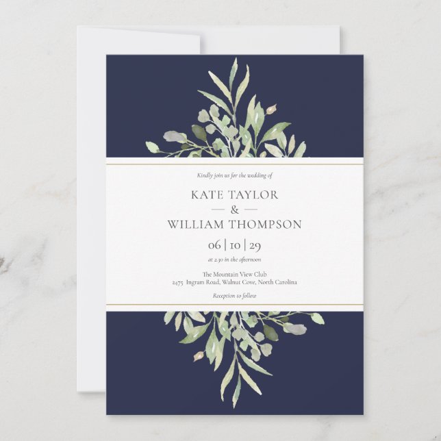 Convite Casamento Botânico de Verde Naval Elegante (Frente)