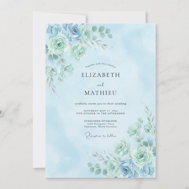 Convite Casamento Botânico Delicado Aquamarine (Frente)