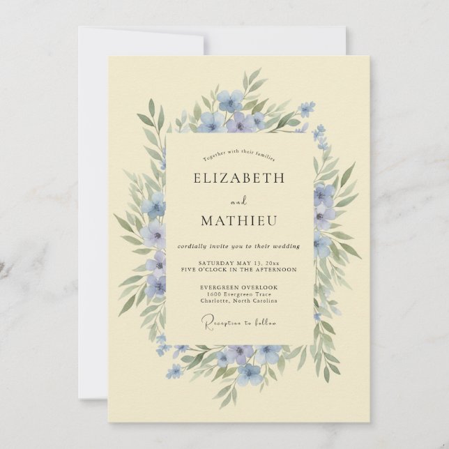 Convite Casamento Botânico Delicado Azul (Frente)