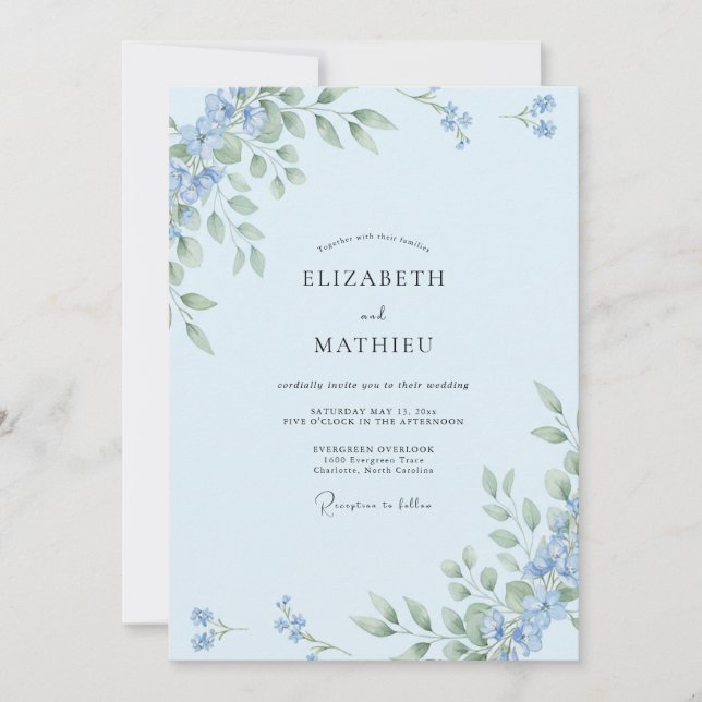 Convite Casamento Botânico Delicado Azul Céu (Frente)