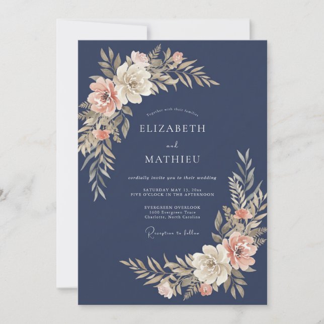 Convite Casamento Botânico Delicado Azul-Marinho (Frente)