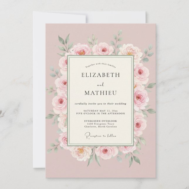 Convite Casamento Botânico Delicado Rosa Empoeirado (Frente)