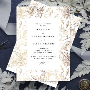 Convite Casamento Botânico Desenhado à Mão Branco Elegante