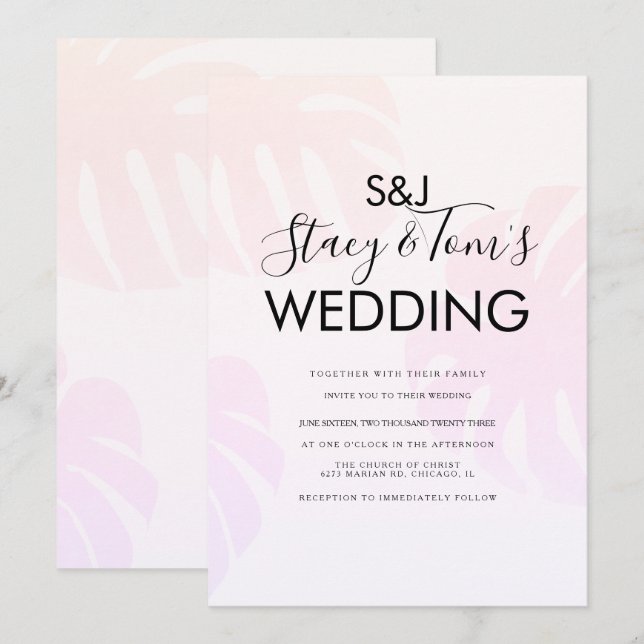 Convite Casamento Botânico Desenhado à Mão Monstera Rosa (Frente/Verso)
