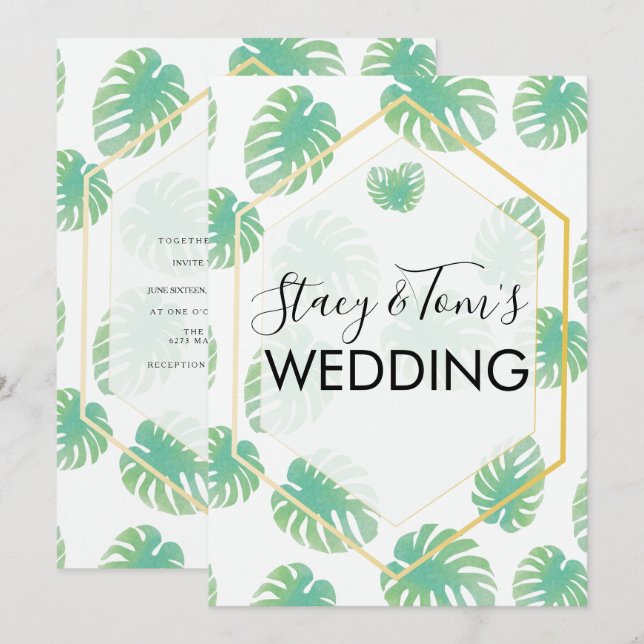 Convite Casamento Botânico Desenhado à Mão Monstera Tropic (Frente/Verso)