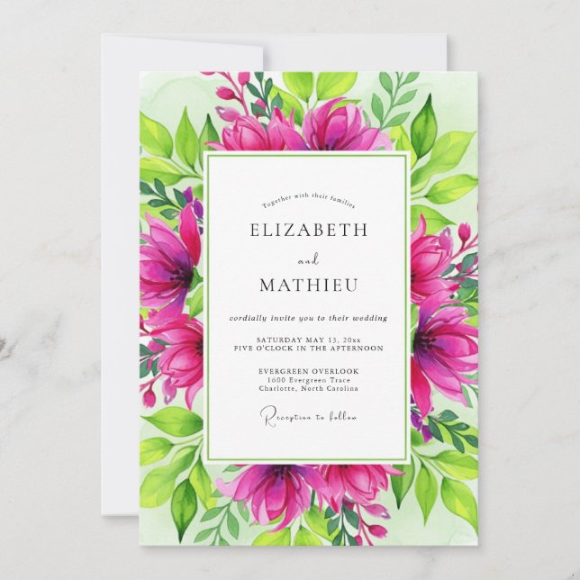Convite Casamento Botânico Deslumbrante em Fuchsia (Frente)