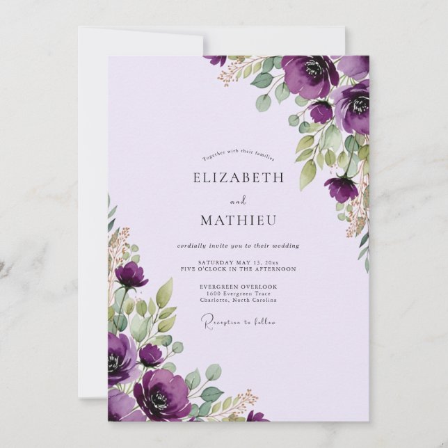 Convite Casamento Botânico Distintivo Roxo (Frente)