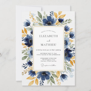 Convite Casamento Botânico Distinto Azul Naval