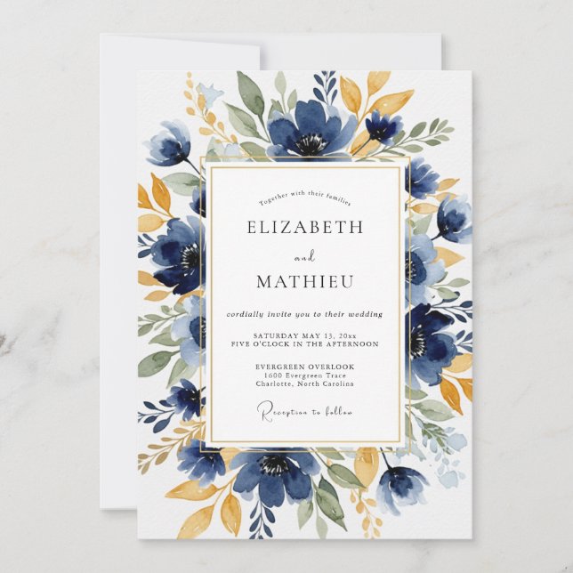 Convite Casamento Botânico Distinto Azul Naval (Frente)