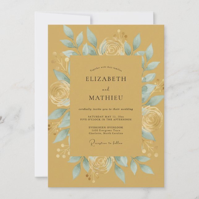 Convite Casamento Botânico Distinto Dourado (Frente)