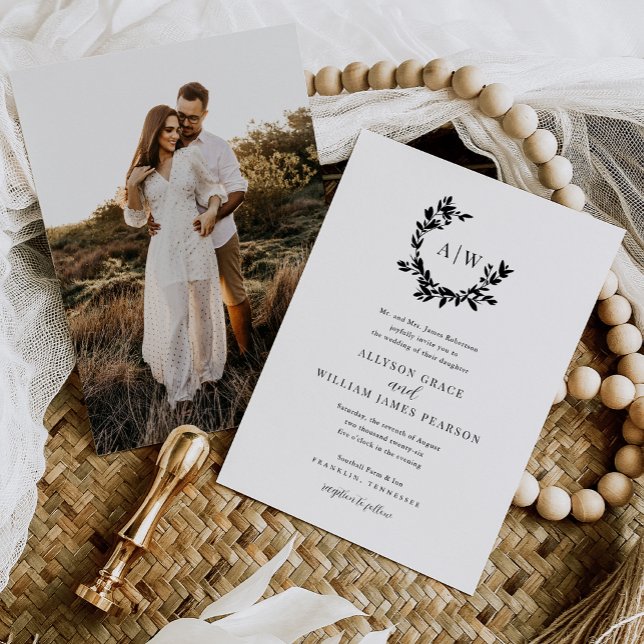 Convite Casamento Botânico do Monograma de Crest do Elegan (Criador carregado)