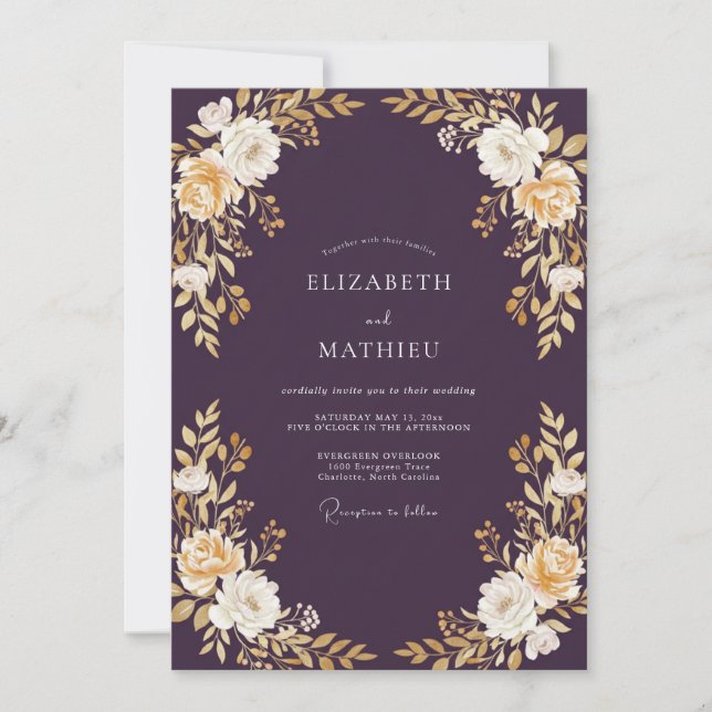 Convite Casamento Botânico Dourado Ameixa (Frente)