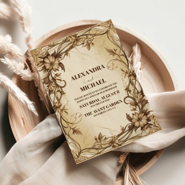 Convite Casamento Botânico Dourado Art Nouveau (Criador carregado)