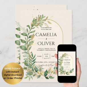 Convite Casamento Botânico Dourado com Creme Moderno
