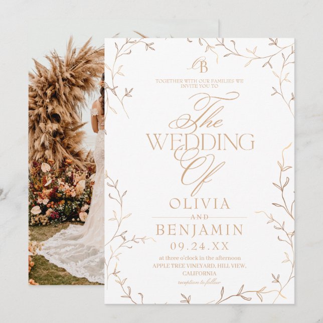 Convite Casamento Botânico Dourado e Branco de Devine (Frente/Verso)