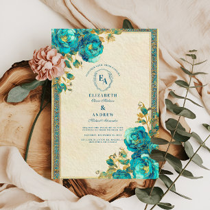 Convite Casamento Botânico Dourado e Teal