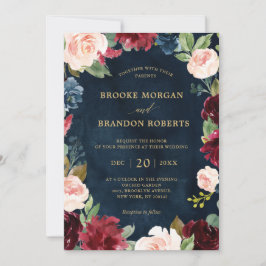 Convite Casamento Botânico Dourado Floral Blush Marinho Bu
