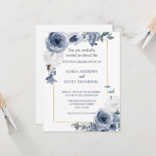 Convite Casamento Botânico Dourado Floral Branco E Azul