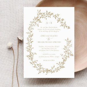 Convite Casamento Botânico Dourado Laurel, Leafy Wreath El