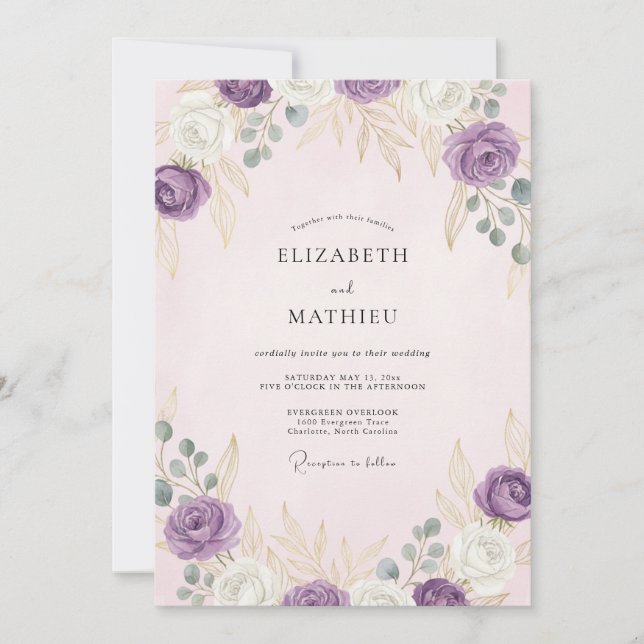 Convite Casamento Botânico Dourado Lavanda (Frente)