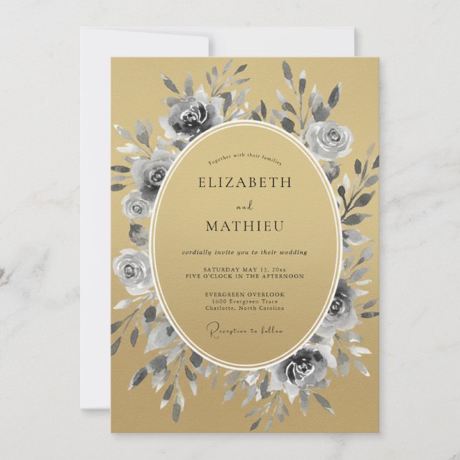 Convite Casamento Botânico Dourado Lustroso (Frente)