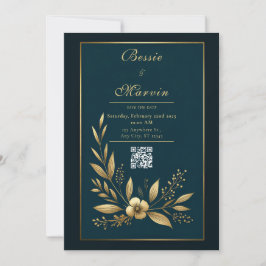 Convite Casamento Botânico Dourado Moody Navy