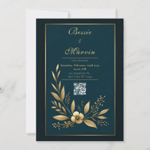 Convite Casamento Botânico Dourado Moody Navy