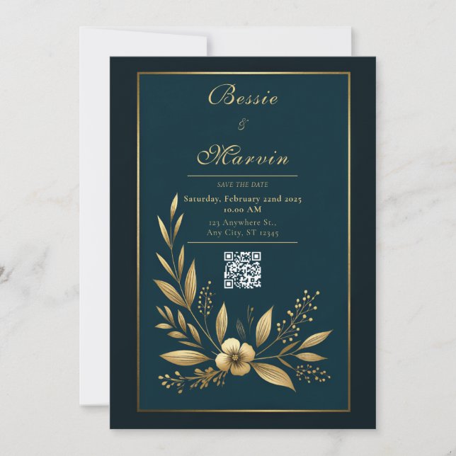 Convite Casamento Botânico Dourado Moody Navy (Frente)
