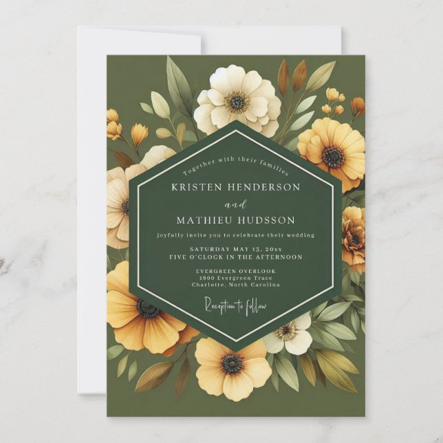 Convite Casamento Botânico Dourado Oliva (Frente)
