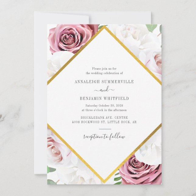Convite Casamento Botânico Dourado Rosa Geométrico Elegant (Frente)