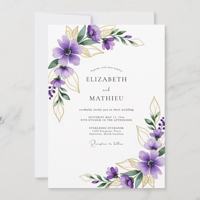 Convite Casamento Botânico Dourado Roxo (Frente)